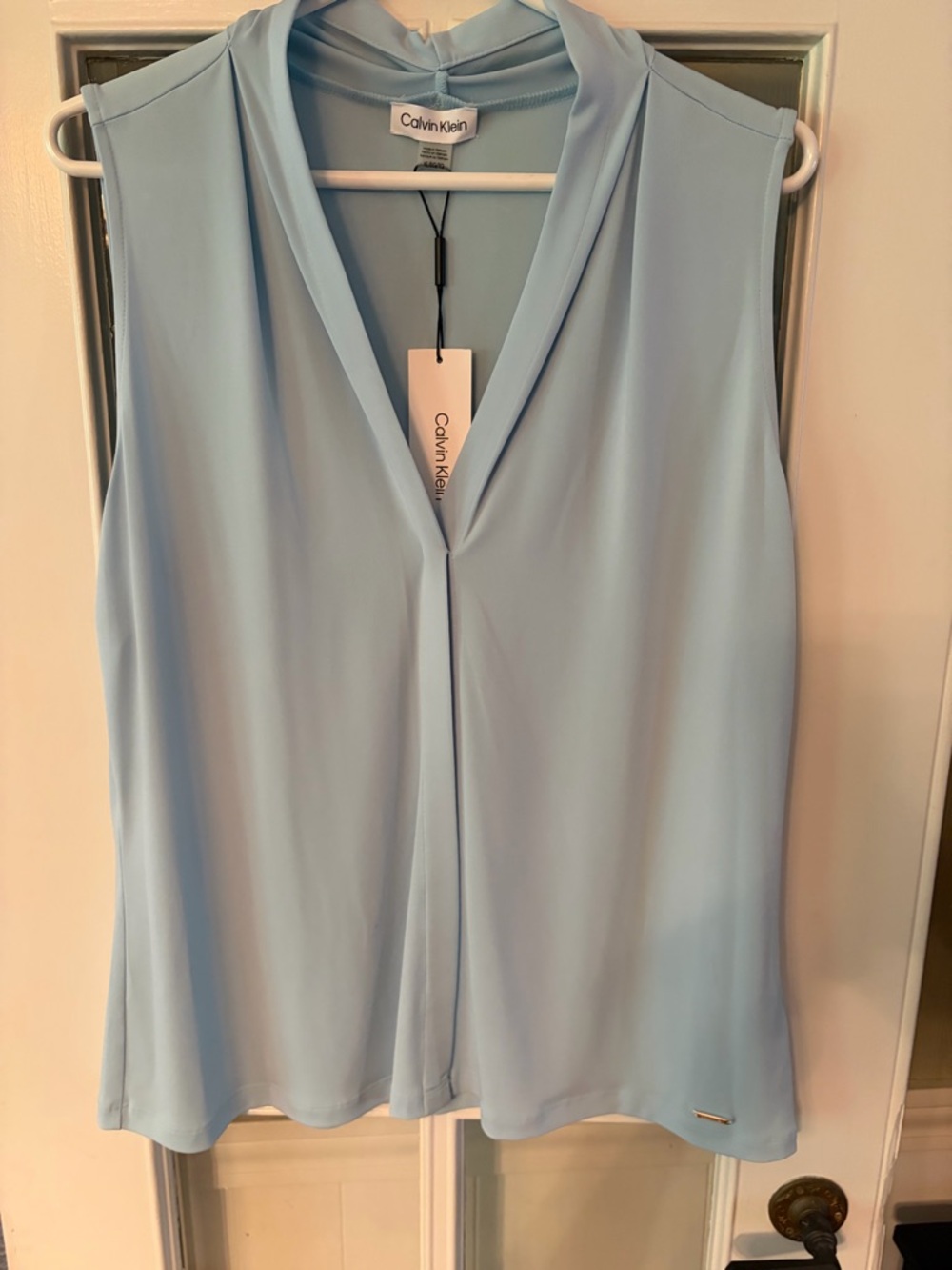 Calvin Klein Pale Blue Draped V-Neck Sleeveless Top